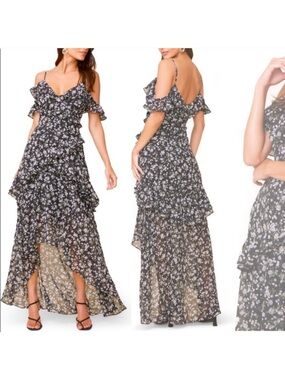 ASTR‎ The Label Floral Print High/Low Tiered Ruffle Maxi Dress Size Small
